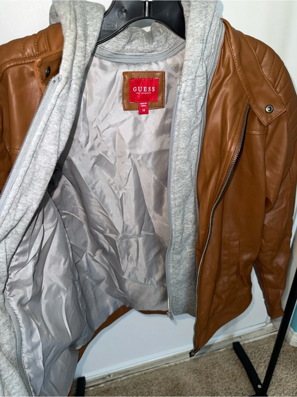 GUESS Brown Bomber Jacket with Gray Hoodie Insert - Kids